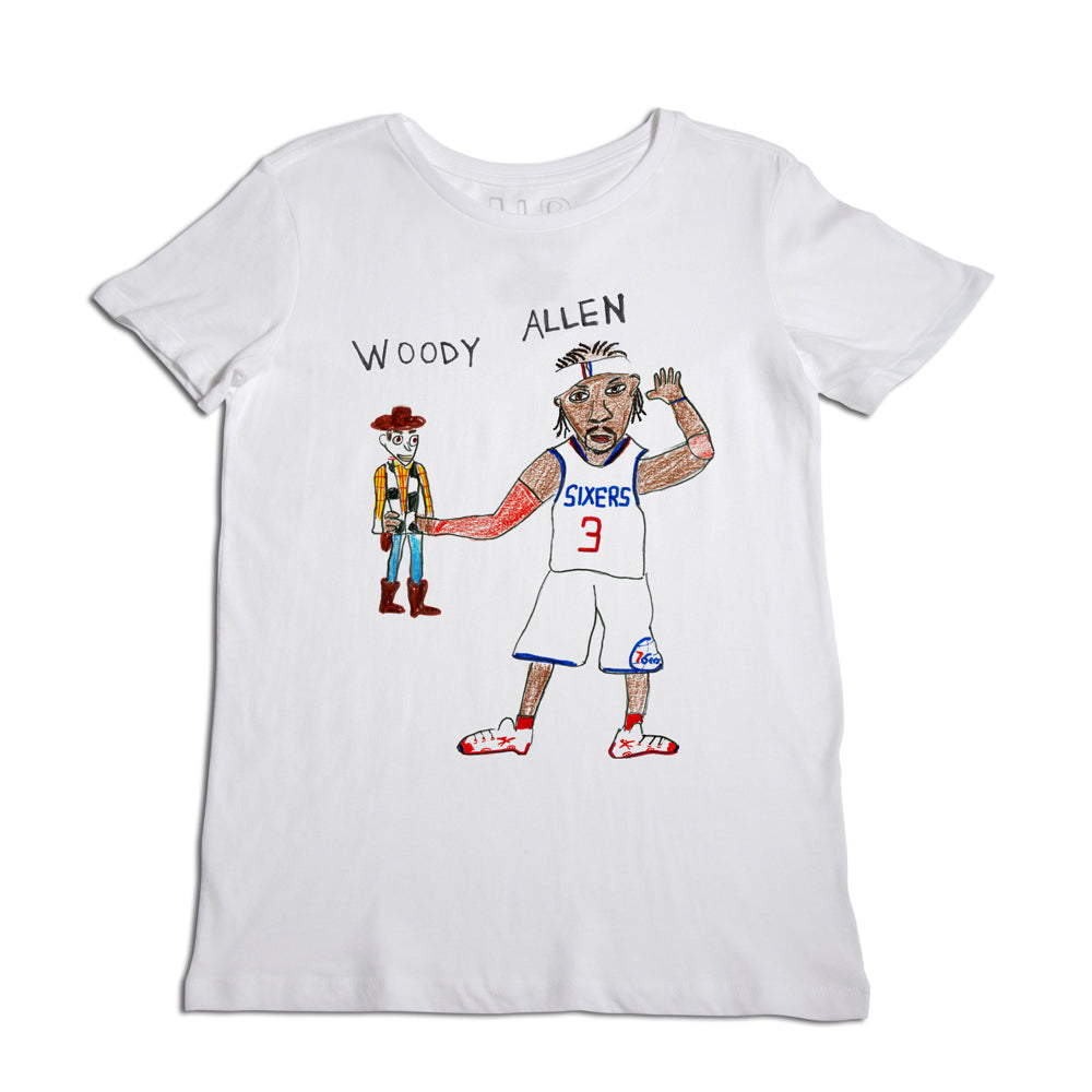 White t-shirt featuring a cartoon-style illustration of woody from toy story shaking hands with allen iverson in his philadelphia 76ers basketball uniform, number 3.
