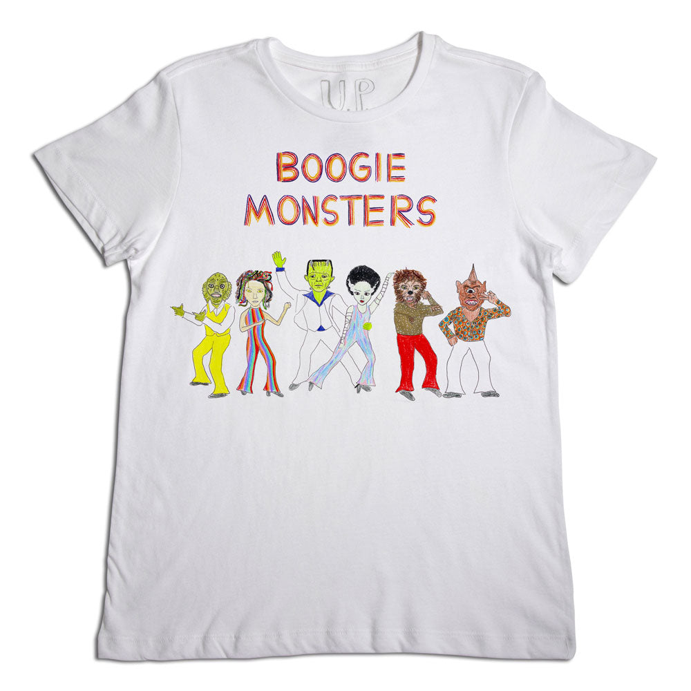 White t-shirt with colorful illustration of six disco-dancing monsters, each with unique, fun outfits and hairstyles, under the text "boogie monsters.