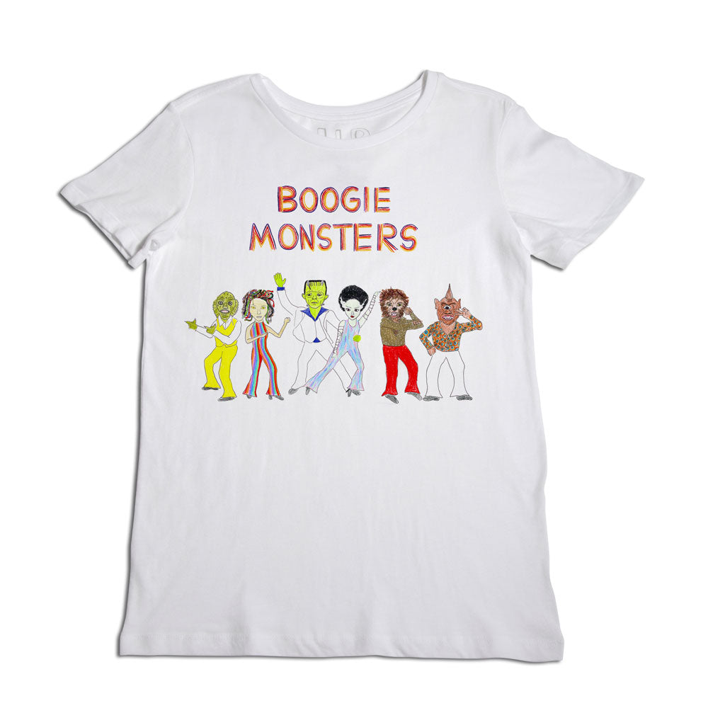 A white t-shirt featuring a colorful graphic of five dancing monsters with the text "boogie monsters" above them. each monster is uniquely designed and dressed in funky costumes.