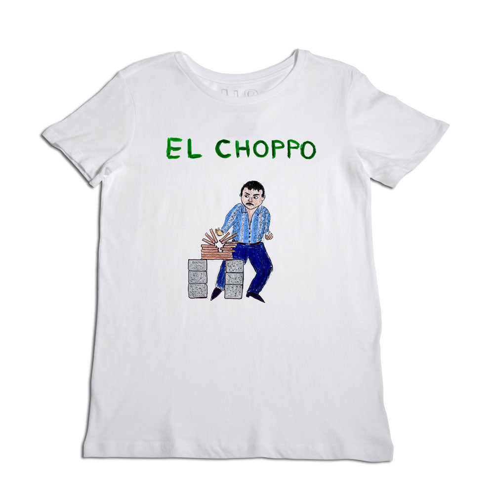 White t-shirt with a graphic of a man in a blue suit and glasses standing next to stacks of money, under the green text "el choppo".