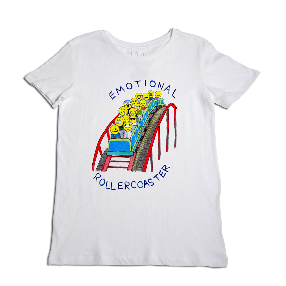 A white t-shirt with a colorful design depicting a rainbow-shaped roller coaster filled with various emoji faces, accompanied by the text "emotional rollercoaster" above the image.