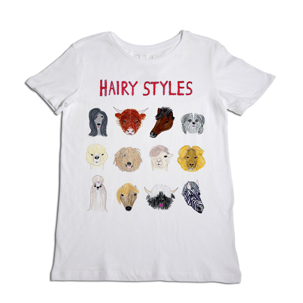 White t-shirt displaying the text "hairy styles" above an array of illustrated various animal hair or fur styles, each distinct in color and pattern.