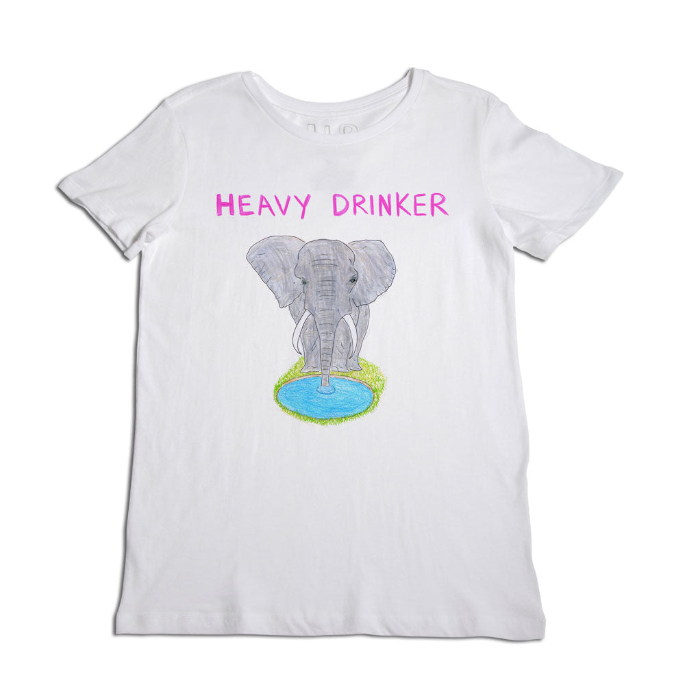 White t-shirt with a graphic of an elephant standing on a globe, with "heavy drinker" printed in purple letters above the image.