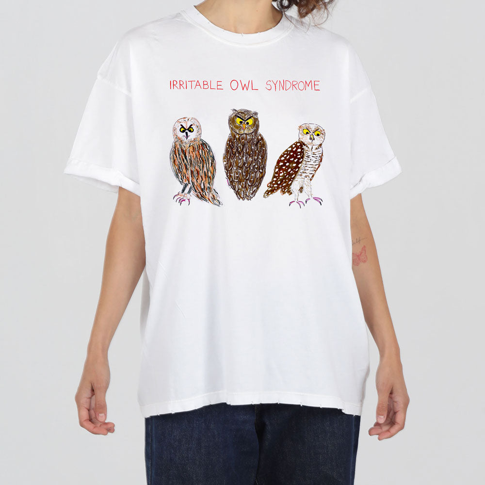A person wearing a white t-shirt with a design featuring three cartoon-style owls sitting in a row, each with a different grumpy expression, labeled "irritable owl syndrome.