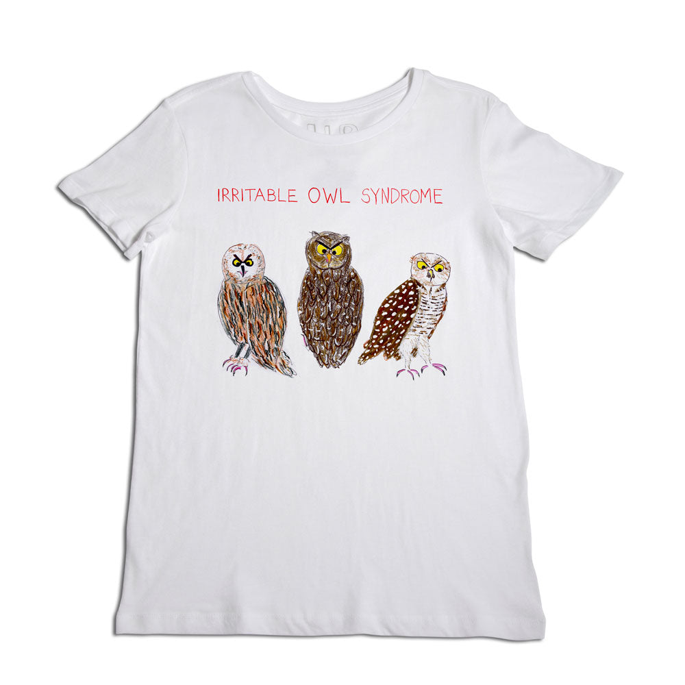 White t-shirt with a humorous design featuring three illustrated owls side by side and the words "irritable owl syndrome" above them.