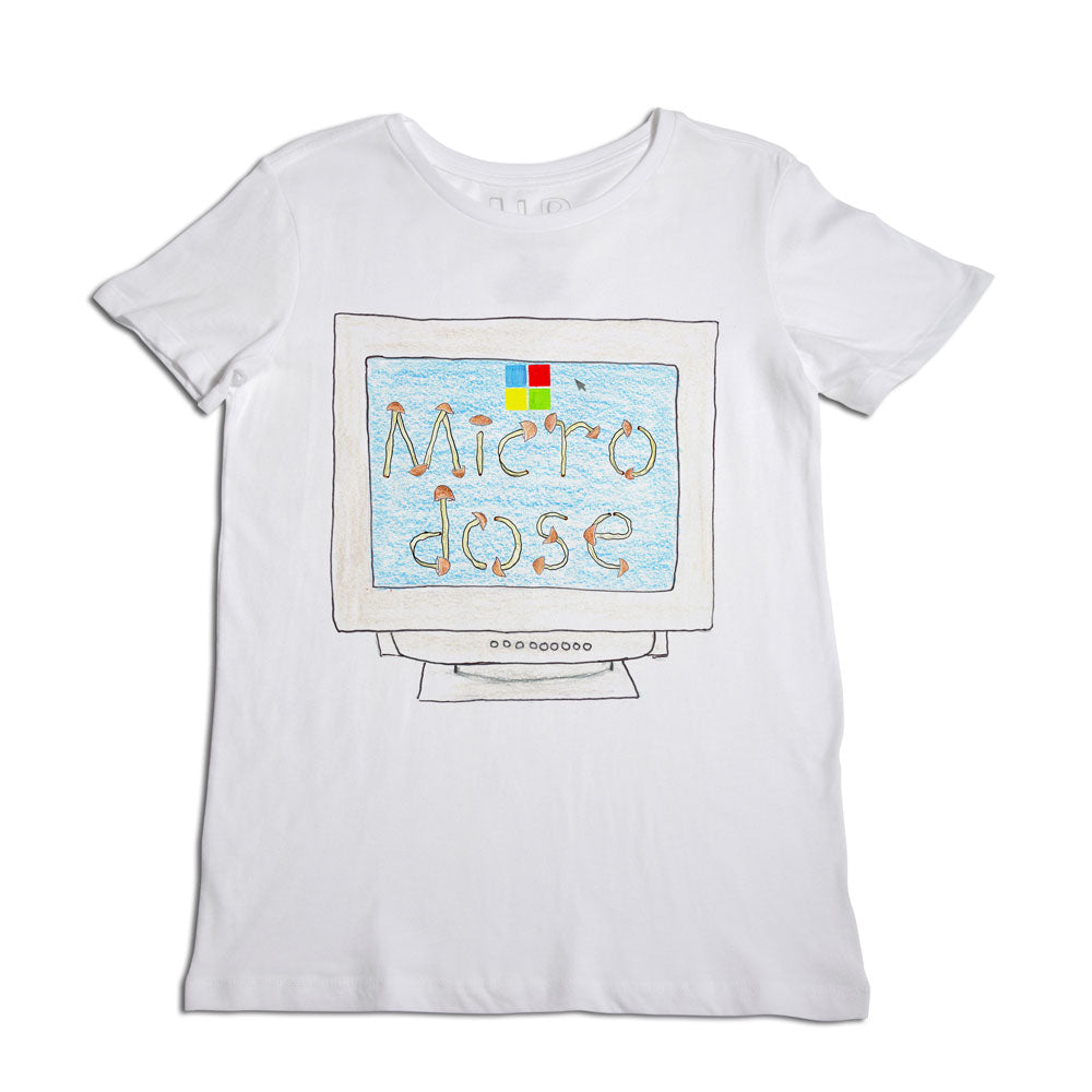 A white t-shirt with a graphic design of an old-fashioned computer monitor displaying the word "microdose" with colorful pixel-like elements at the top.