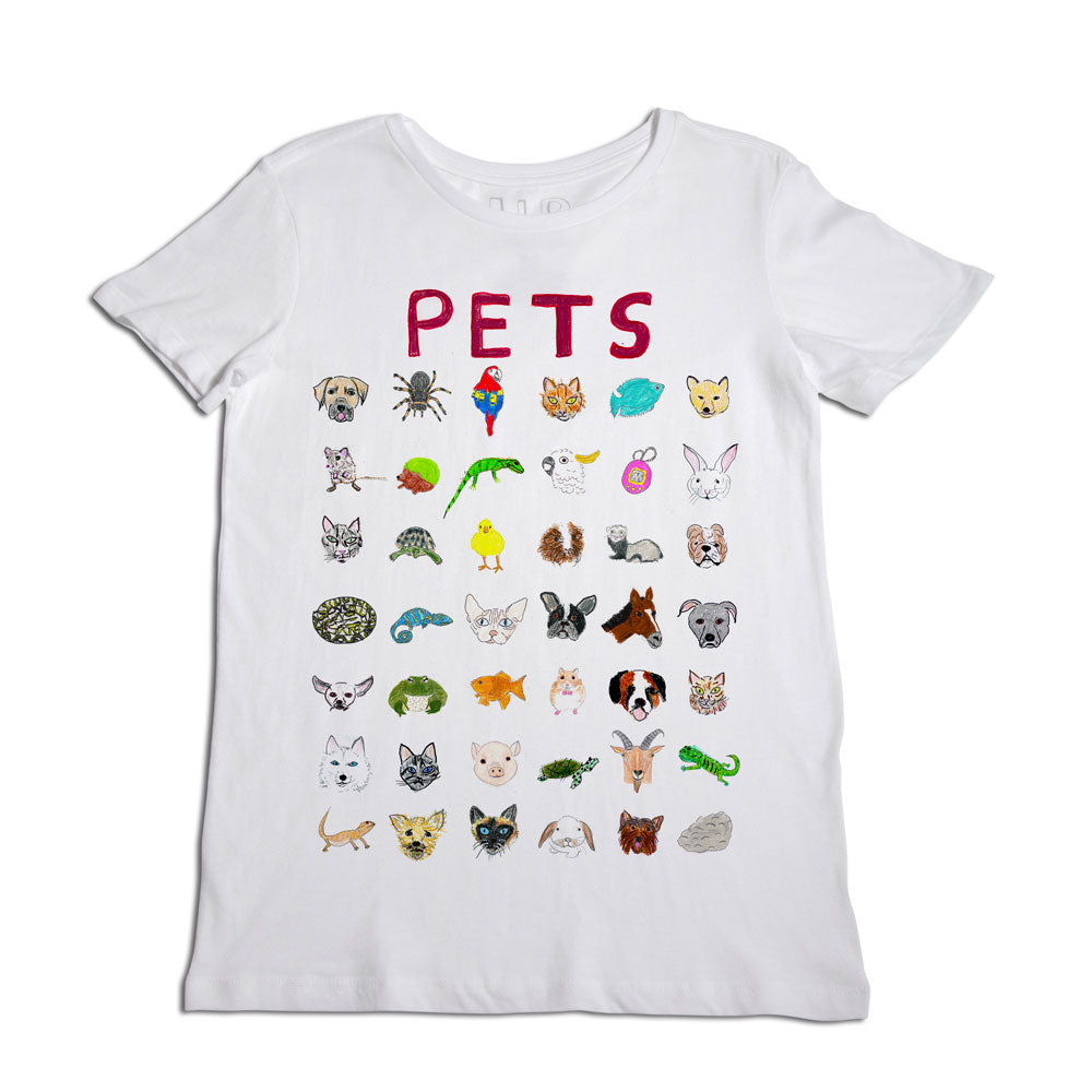A white t-shirt laid flat, featuring a colorful array of various animal illustrations with "pets" written in red at the top. animals include dogs, cats, birds, and small rodents.