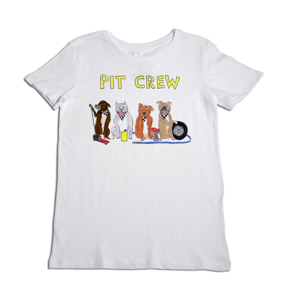 White t-shirt with "pit crew" printed in yellow. the shirt features illustrations of four dogs, each dressed in racing pit crew outfits, with various tools.