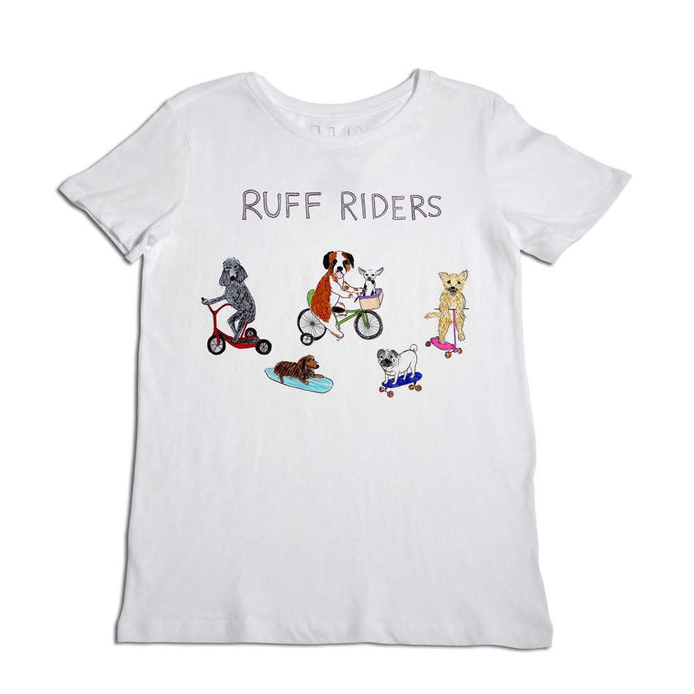 White t-shirt with the text "ruff riders" and illustrations of various dogs riding scooters, a bicycle, and skateboards.