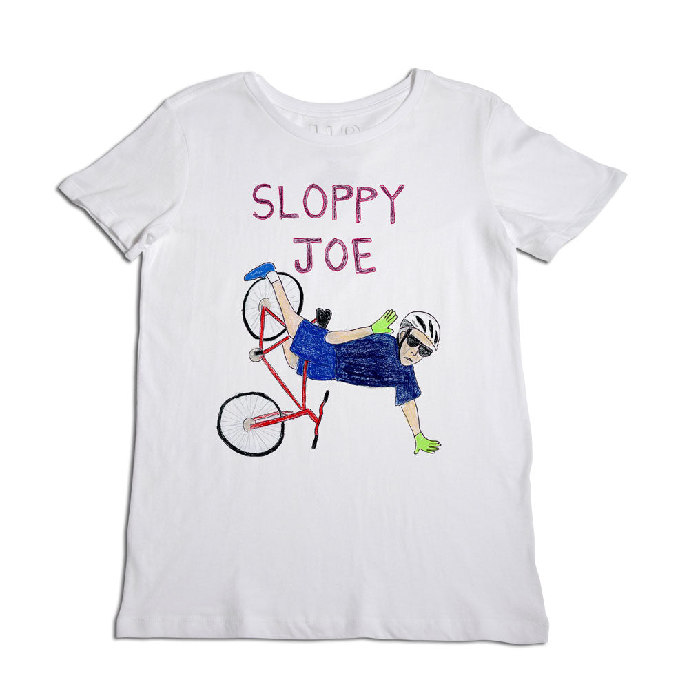 White t-shirt with a colorful drawing of a man in a helmet and gloves doing a trick on a bicycle, with the words "sloppy joe" written above in pink.