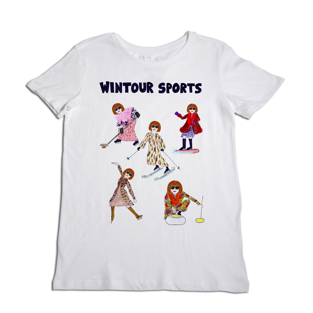 White t-shirt featuring the text "wintour sports" in blue at the top, with illustrations of five women in various fashionable outfits playing different sports.