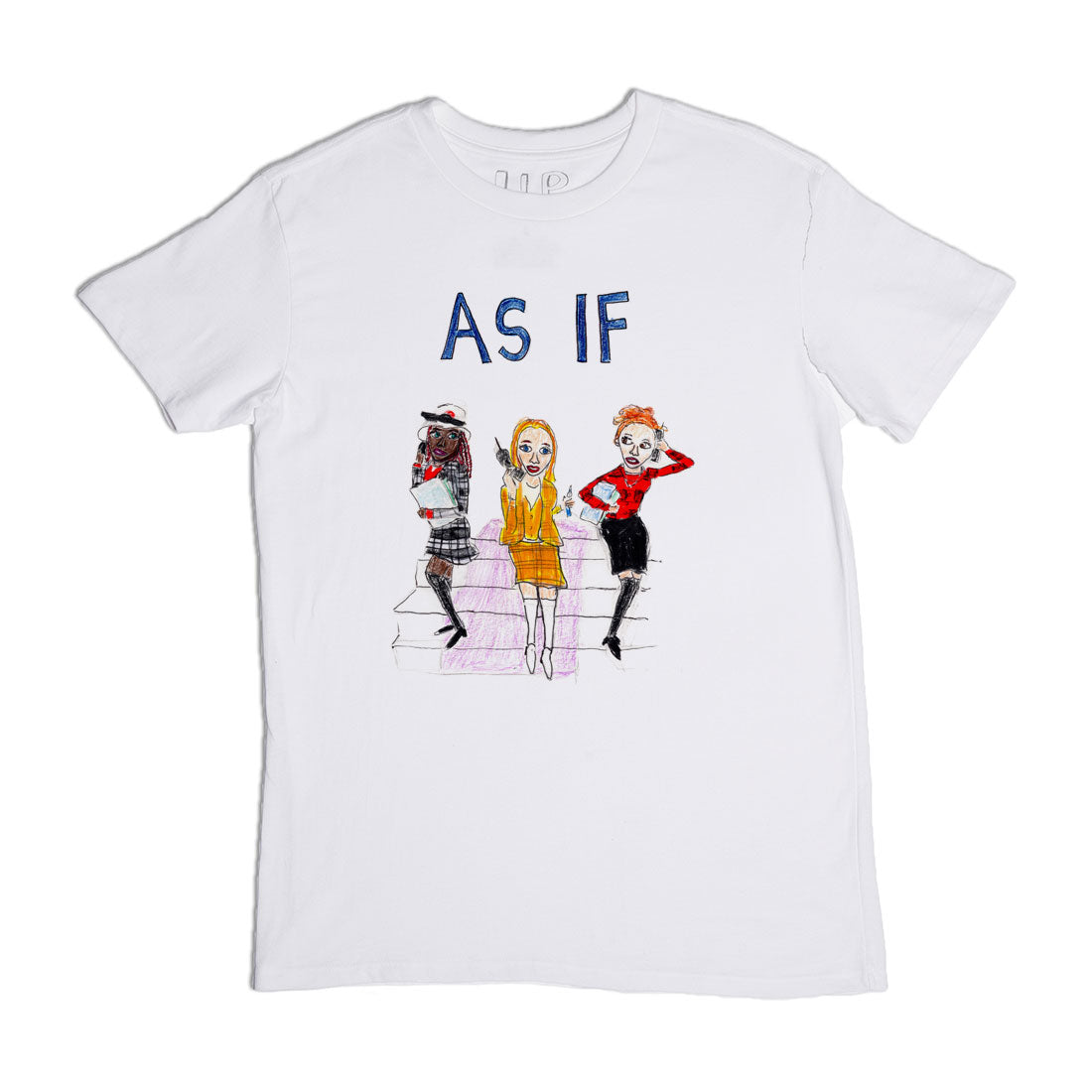 White t-shirt with an illustration of three stylish female characters sitting on a bench and the phrase "as if" in blue above.