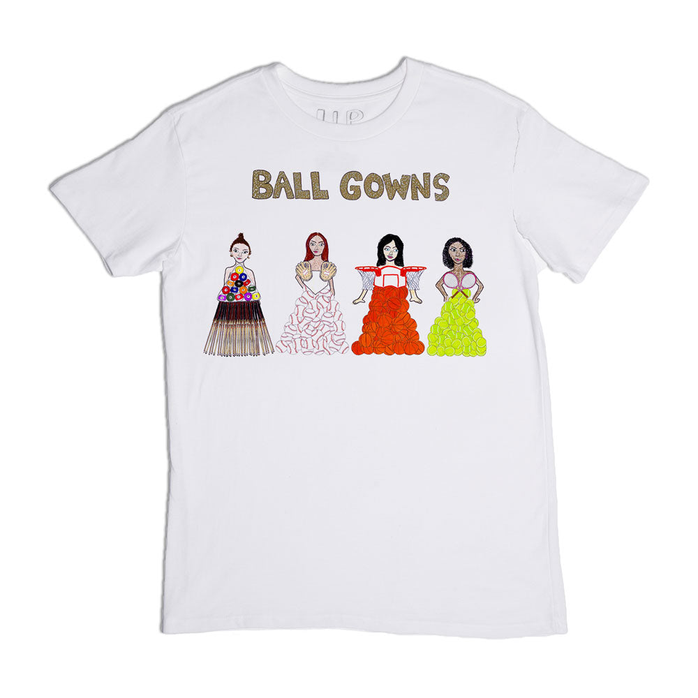 White t-shirt with a colorful design featuring four diverse women in ball gowns, each with a unique style, under the text "ball gowns".
