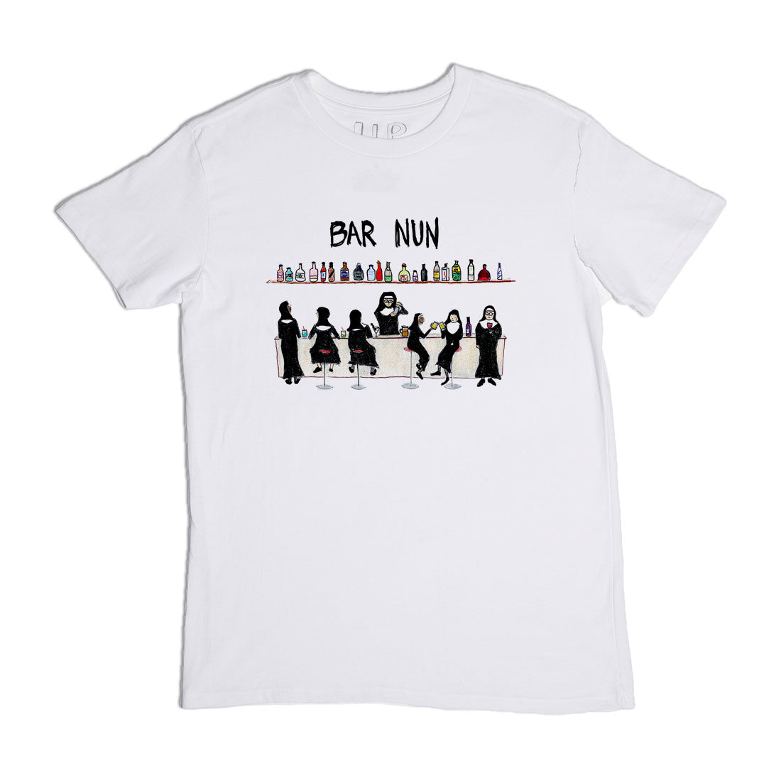 White t-shirt featuring a cartoon of nuns in various playful poses near a bar with colorful bottles on top, captioned "bar nun.