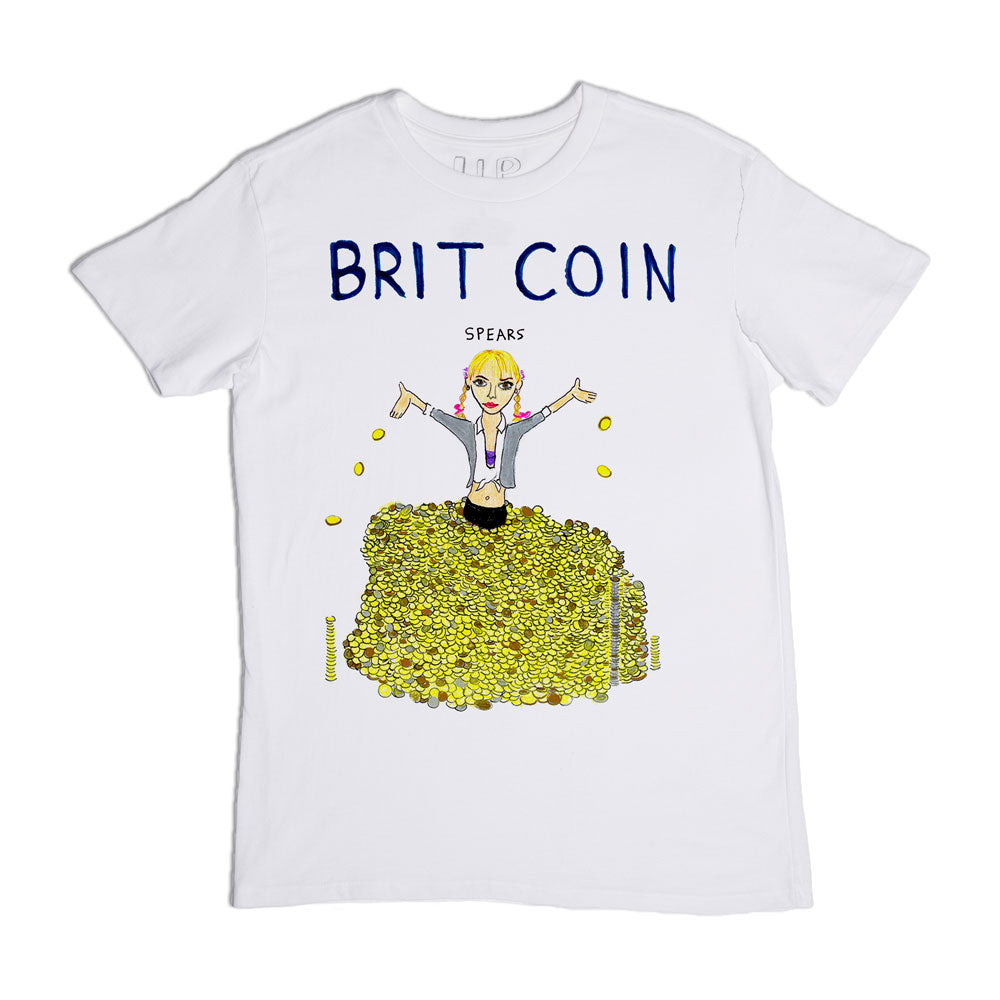 White t-shirt with a cartoon graphic of a blonde woman standing on a pile of gold coins, holding two spears, and the text "brit coin" in bold blue letters above.