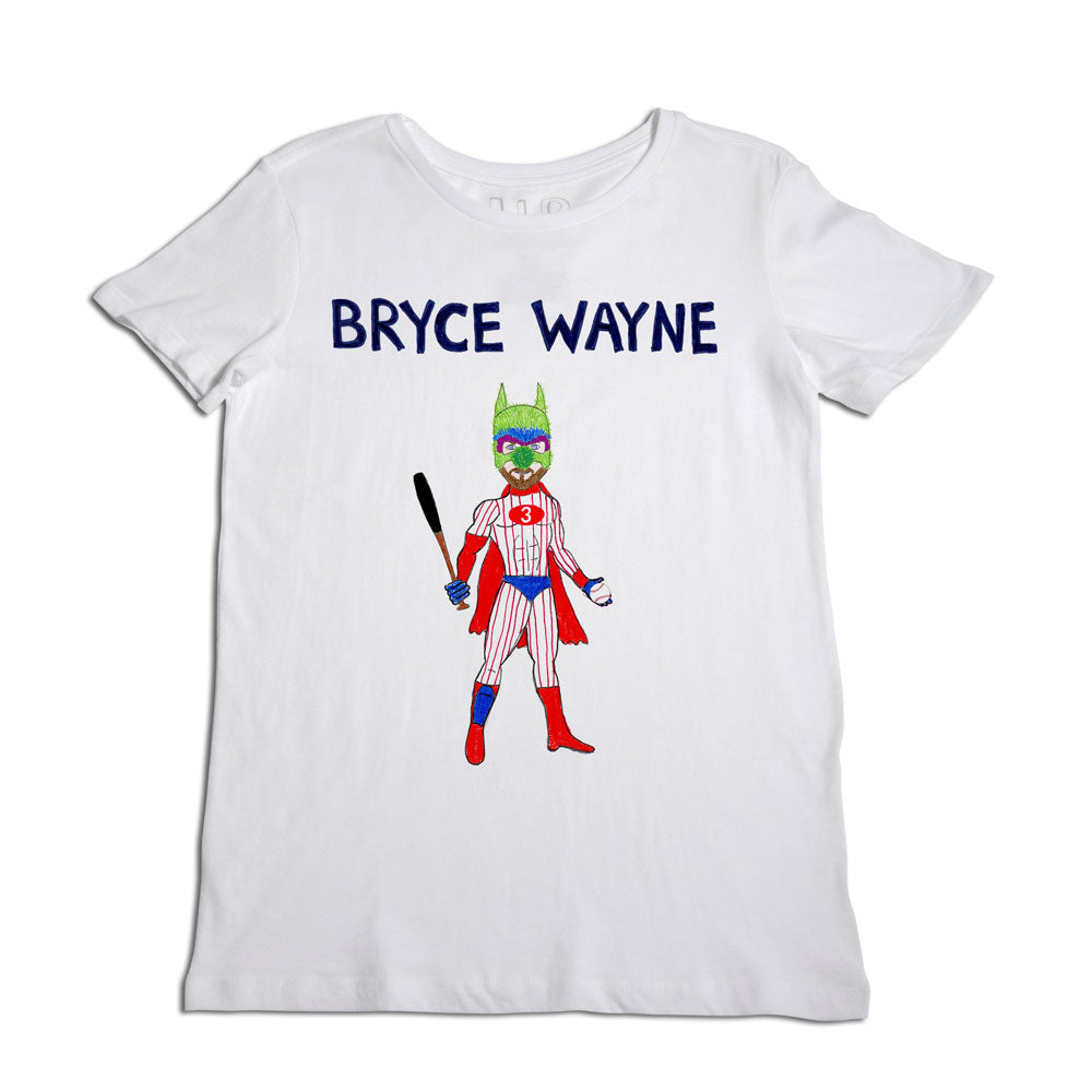White t-shirt with a graphic of a cartoon character in a baseball uniform holding a bat. above the image, the text "bryce wayne" is printed in blue.