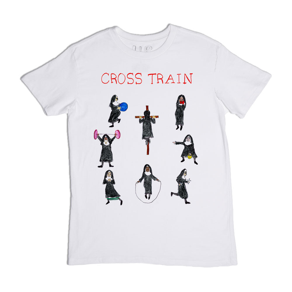White t-shirt featuring the phrase "cross train" in red, surrounded by illustrations of various nuns in action poses, each holding different workout equipment.