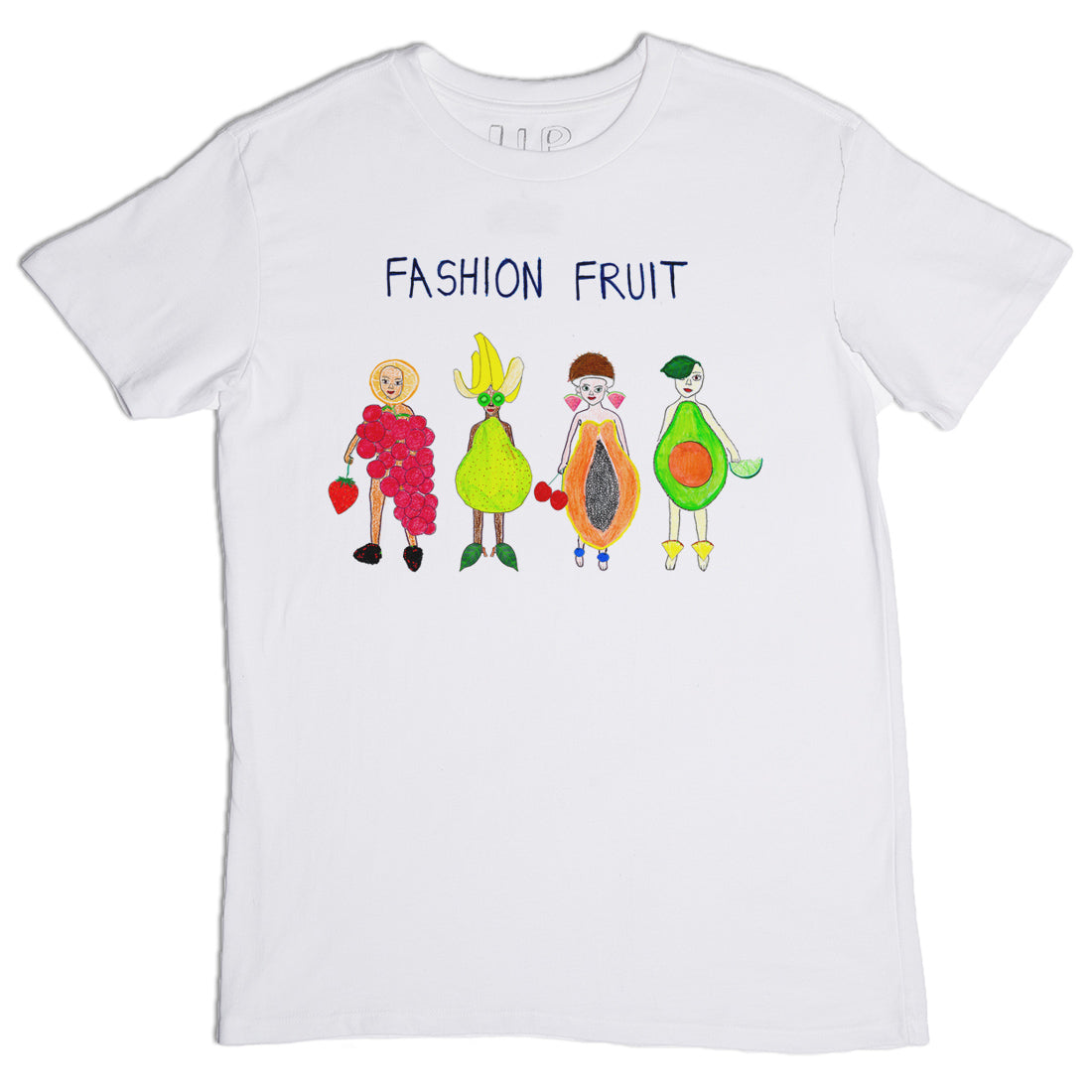 A white t-shirt featuring a colorful design of anthropomorphic fruits dressed in fashionable clothing, labeled "fashion fruit". there are four fruit characters: an apple, grapes, an orange, and an avocado.