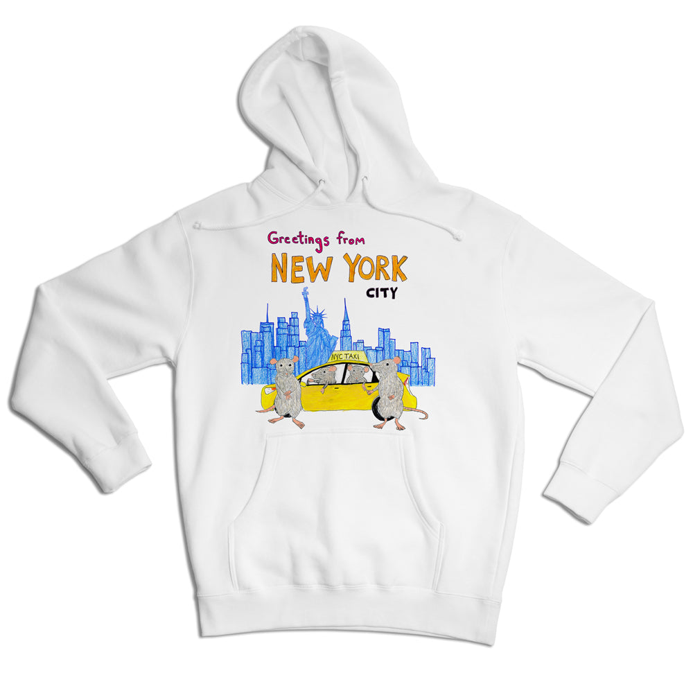 White hoodie with a graphic of a yellow taxi and a stylized blue skyline, along with text that reads "greetings from new york city.
