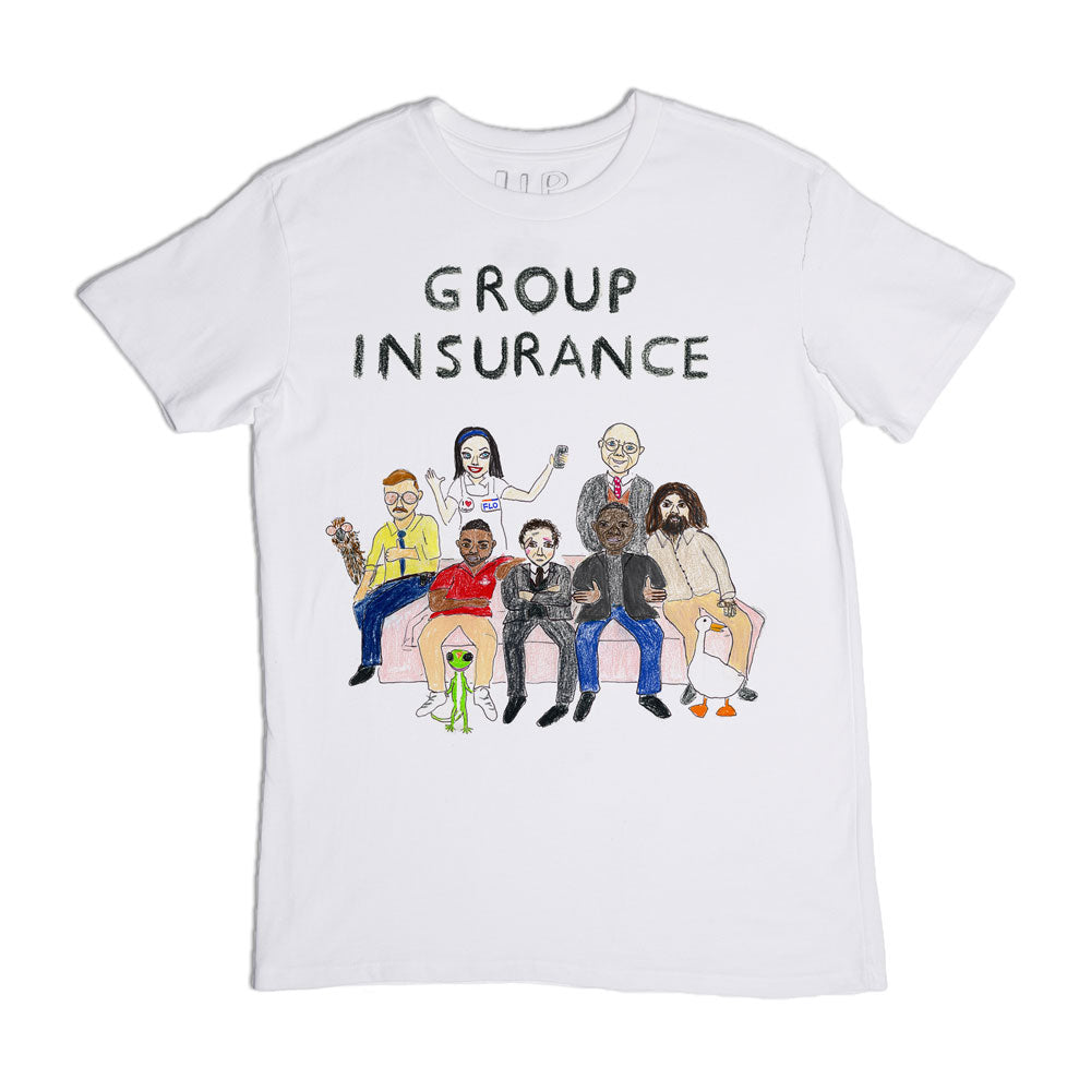 White t-shirt with an illustration of seven diverse people sitting together on a couch under the text "group insurance" in bold letters.