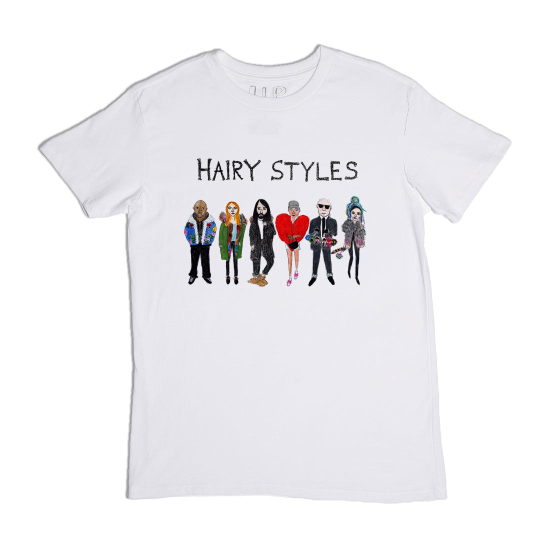White t-shirt with the text "hairy styles" and illustrations of seven cartoon characters with distinct hairstyles and outfits.