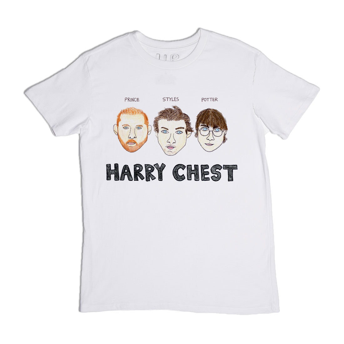 White t-shirt with illustrations of three men's faces labeled "prince," "styles," and "potter," above the phrase "harry chest" in bold letters.