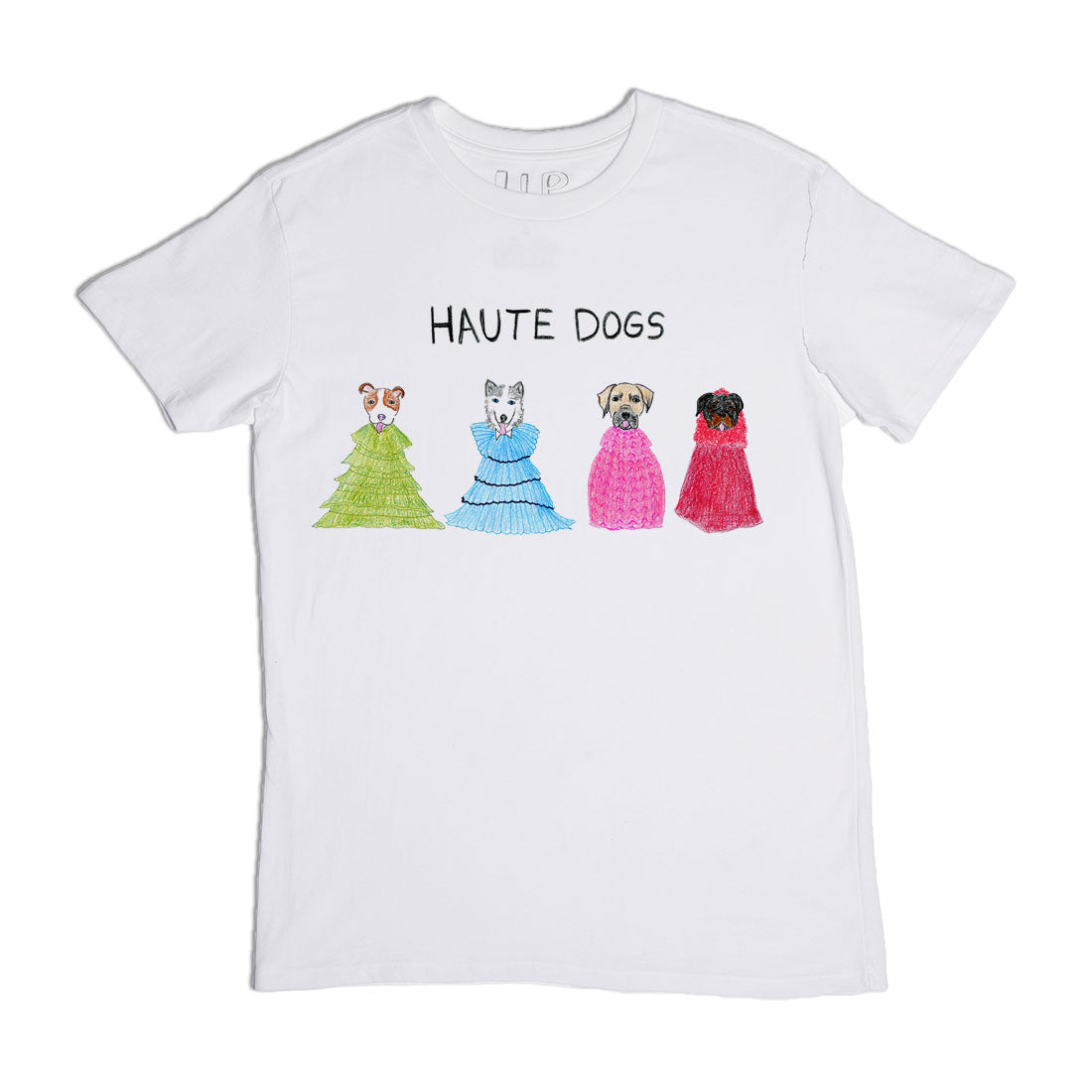 White t-shirt with a playful graphic featuring four dogs dressed in colorful, fashionable dresses, labeled "haute dogs" above them.