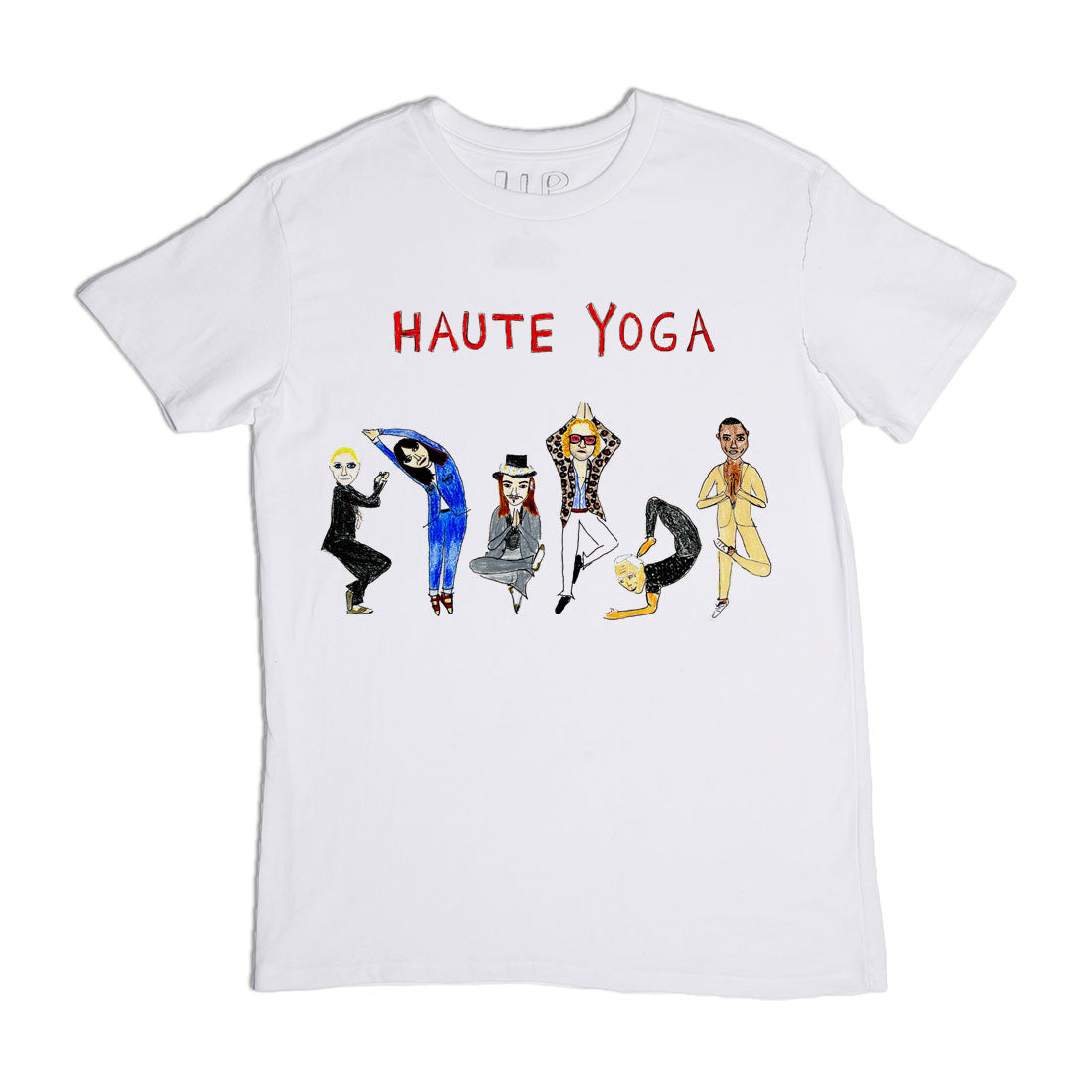 White t-shirt with "haute yoga" printed in red at the top and illustrations of five diverse people in fashionable outfits performing different yoga poses.