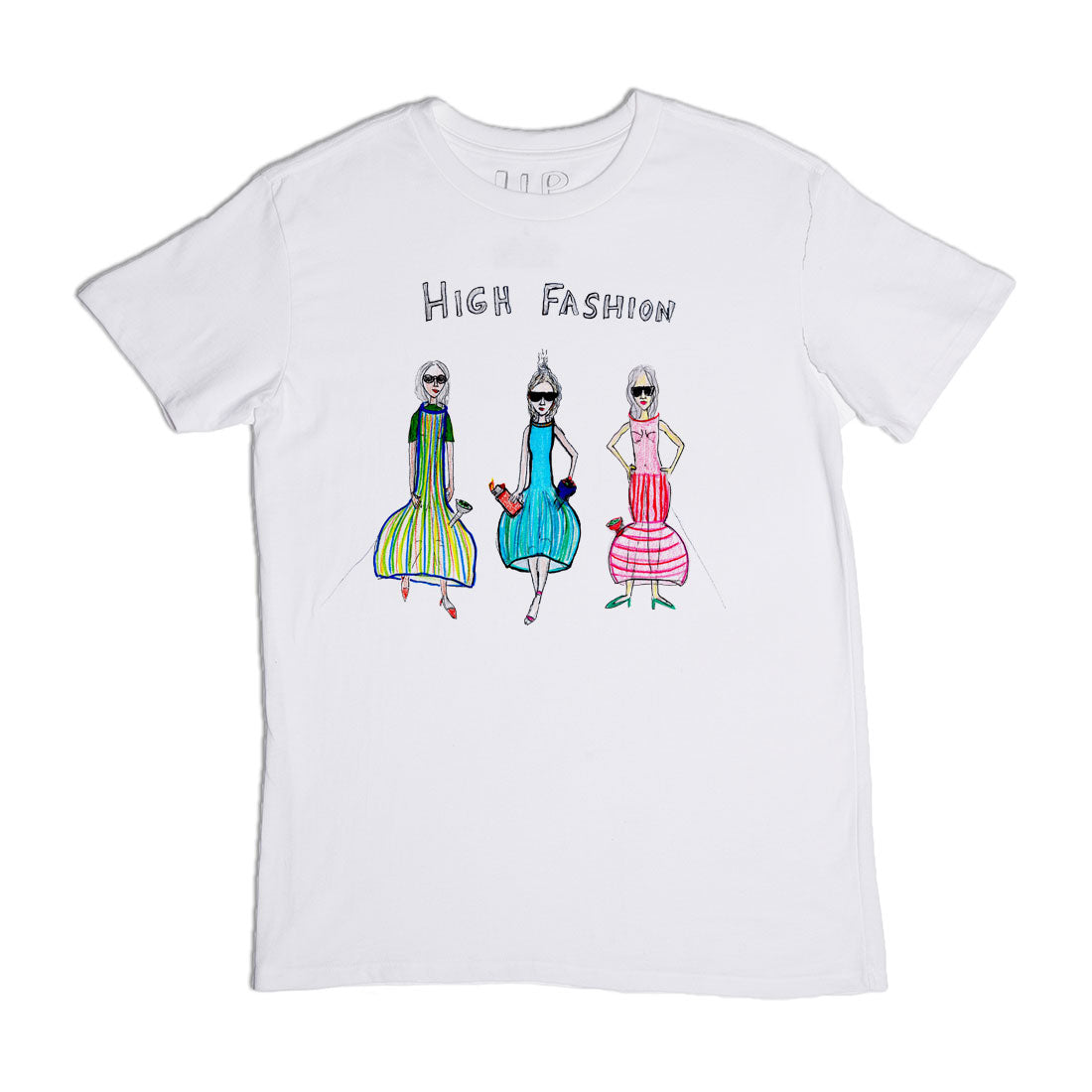 A white t-shirt with a colorful design depicting three stylized figures dressed in bold and unique high fashion outfits. the text above reads "high fashion.
