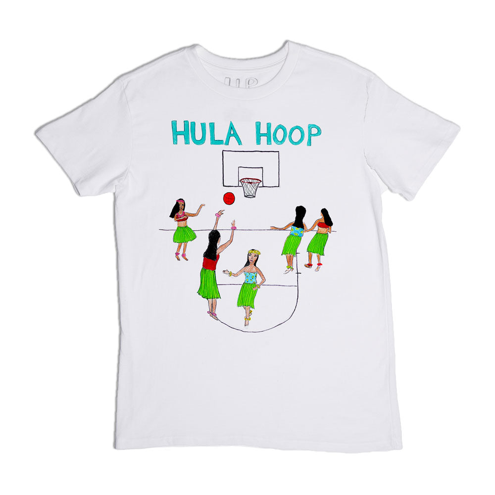 White t-shirt featuring a playful print of five children in green hula skirts playing basketball, with the words "hula hoop" above the hoop.