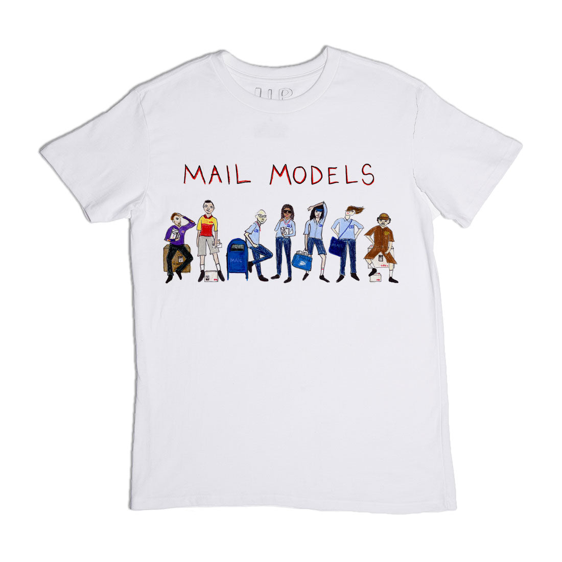 A white t-shirt with a graphic of seven diverse cartoon postal workers standing in a row, with the text "mail models" in red above them.