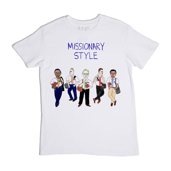 White t-shirt with a graphic of five diverse cartoon people in missionary attire, walking in a line, with the text "missionary style" above them.