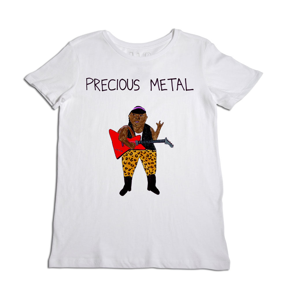White t-shirt featuring a graphic of a man playing a guitar, dressed in red and leopard print, with the phrase "precious metal" above him.