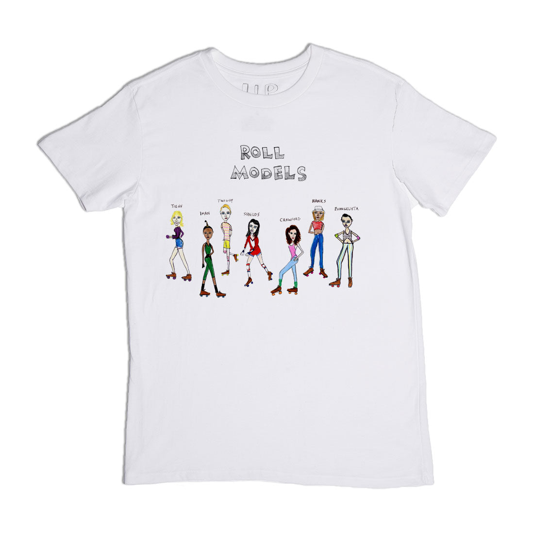 White t-shirt with the phrase "roll models" and illustrations of seven diverse characters on roller skates, each styled uniquely.