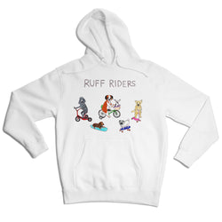 White hoodie with an illustration of various animals riding scooters and skateboards, accompanied by the text "RUFF RIDERS" at the top.