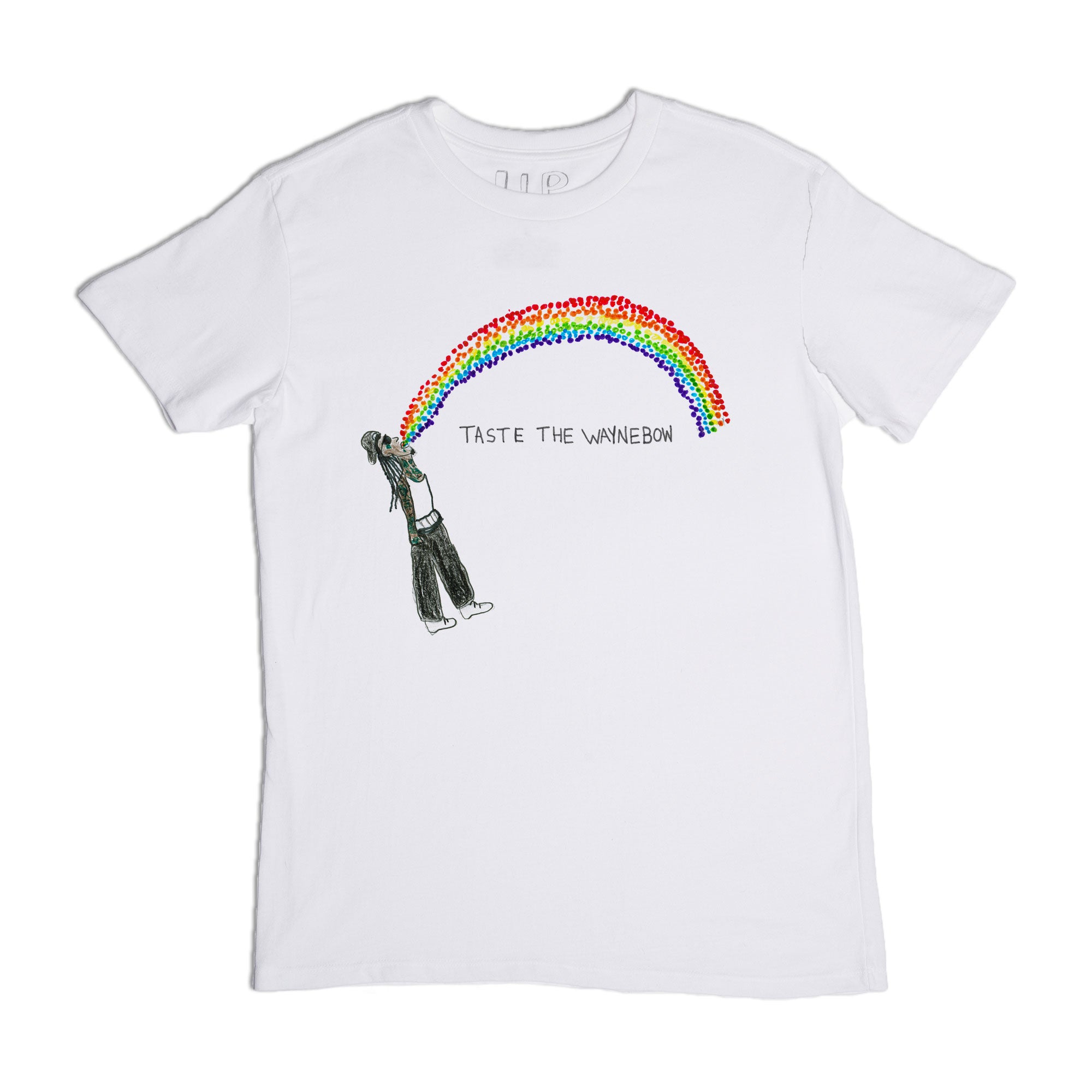 A white t-shirt with a graphic of a person hanging by one hand from a colorful rainbow, and the phrase "taste the winebon" printed underneath.