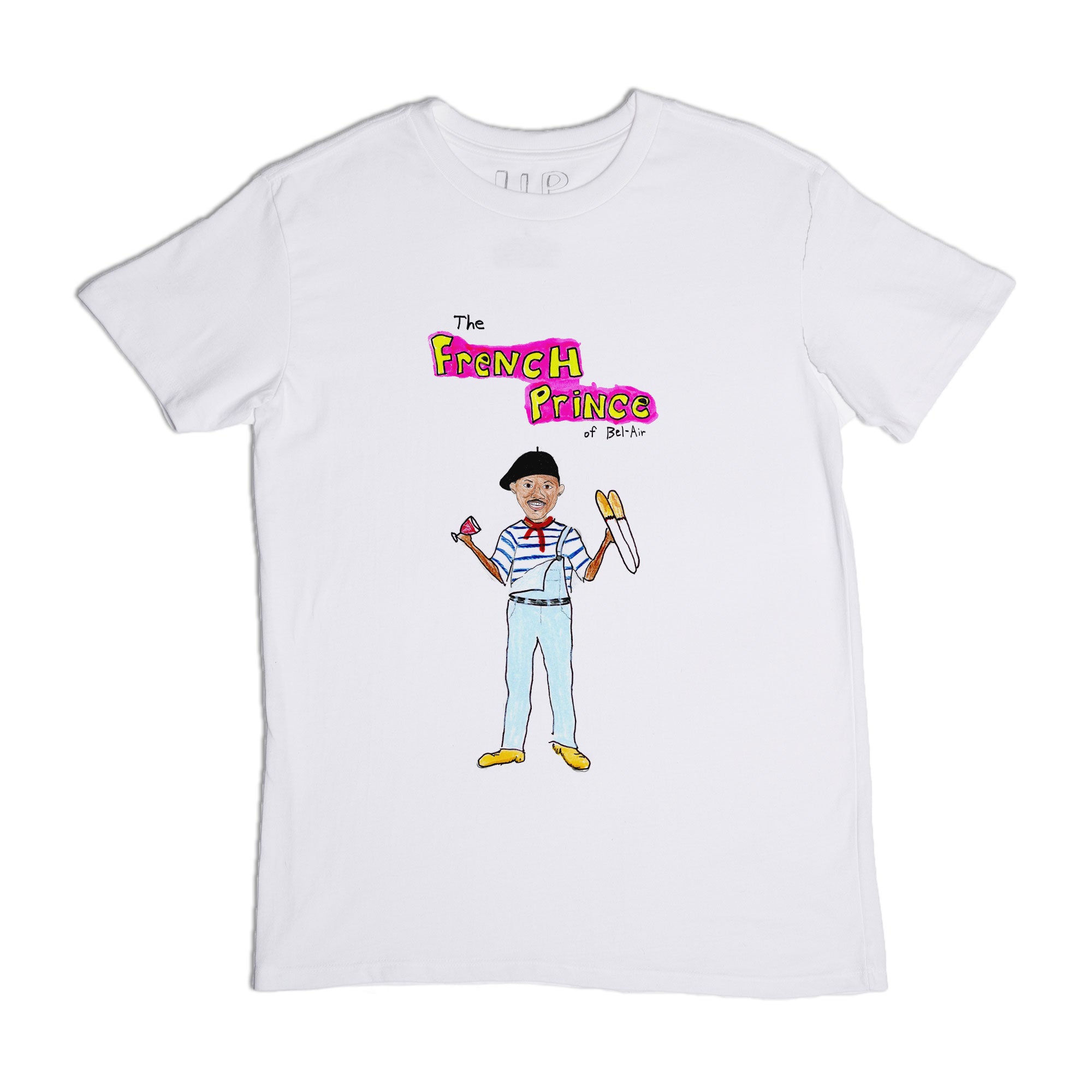 White t-shirt with a cartoon illustration of a character styled as "the french prince of bel-air," holding a baguette and wearing a beret. the text above is colorful and playful.