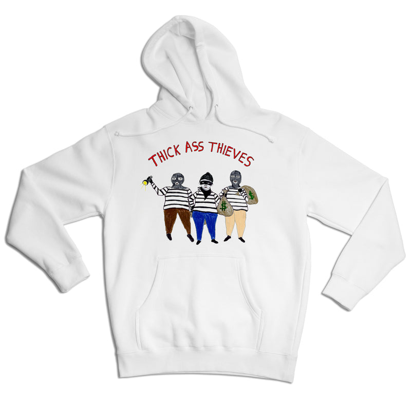 A white hoodie featuring an illustration of three figures wearing striped shirts, holding items, with the text "THICK ASS THIEVES" above them.