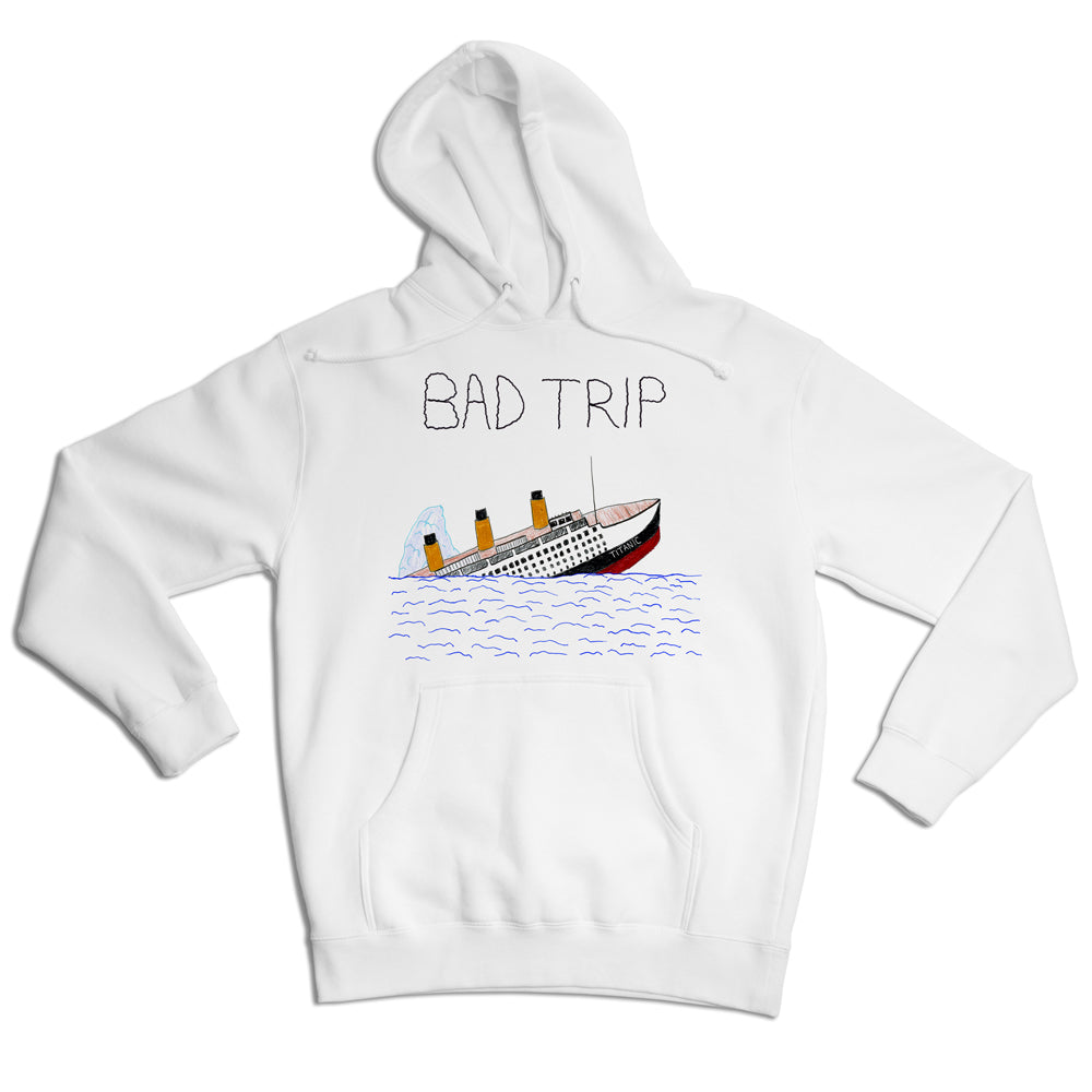 White hoodie with the words "bad trip" printed above a graphic of a sinking ship on waves, positioned on the back of the hoodie.