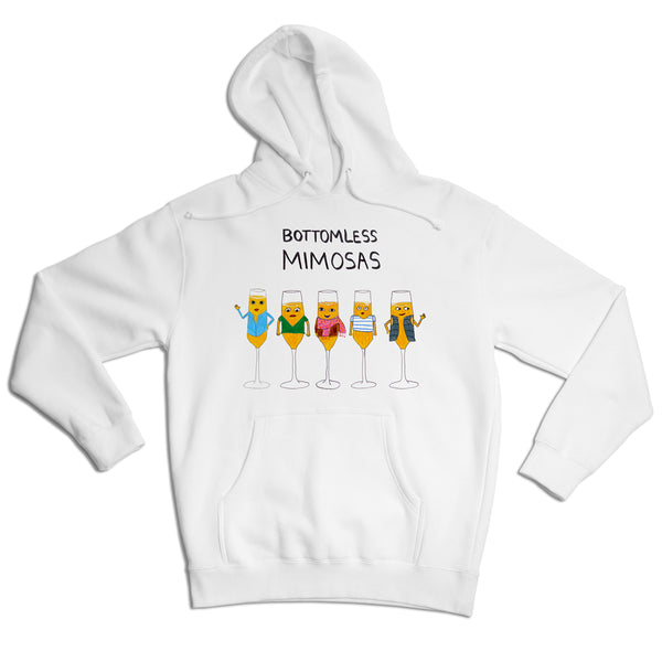 A white hoodie featuring cartoon glasses of mimosas wearing different colorful outfits with the text "BOTTOMLESS MIMOSAS" above them.