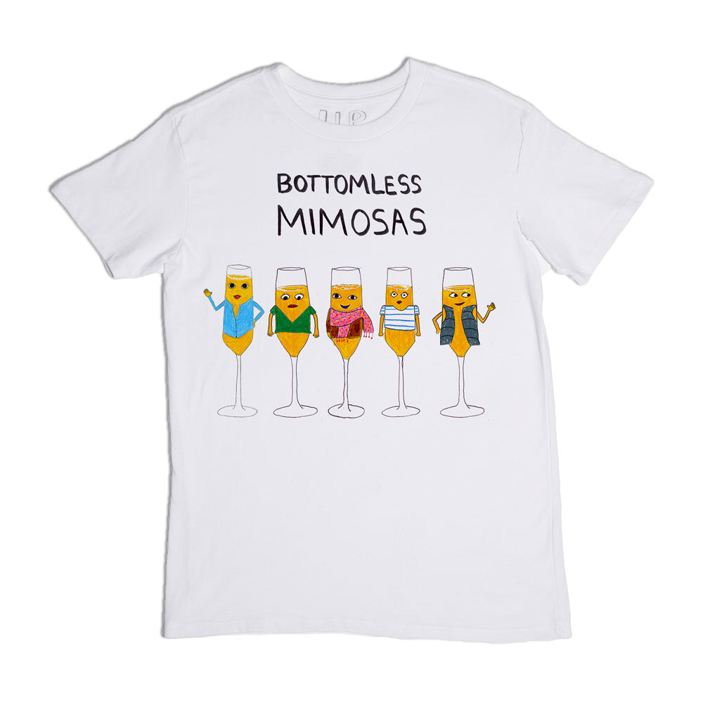 White t-shirt with a graphic of five colorful, anthropomorphic mimosa drinks in various glasses, each dressed in different outfits, under the phrase "bottomless mimosas.