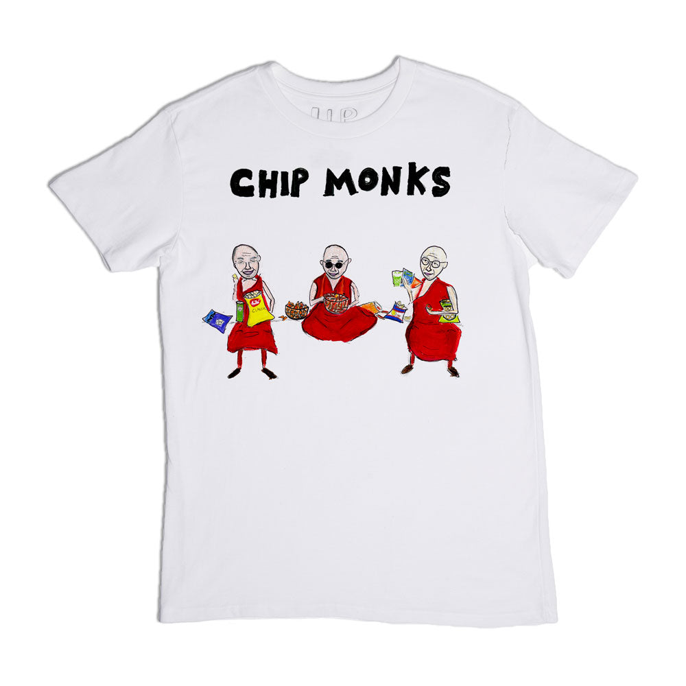 White t-shirt with a humorous design featuring three cartoon monks, each sitting cross-legged and holding different snacks, above the pun "chip monks" written in bold black letters.