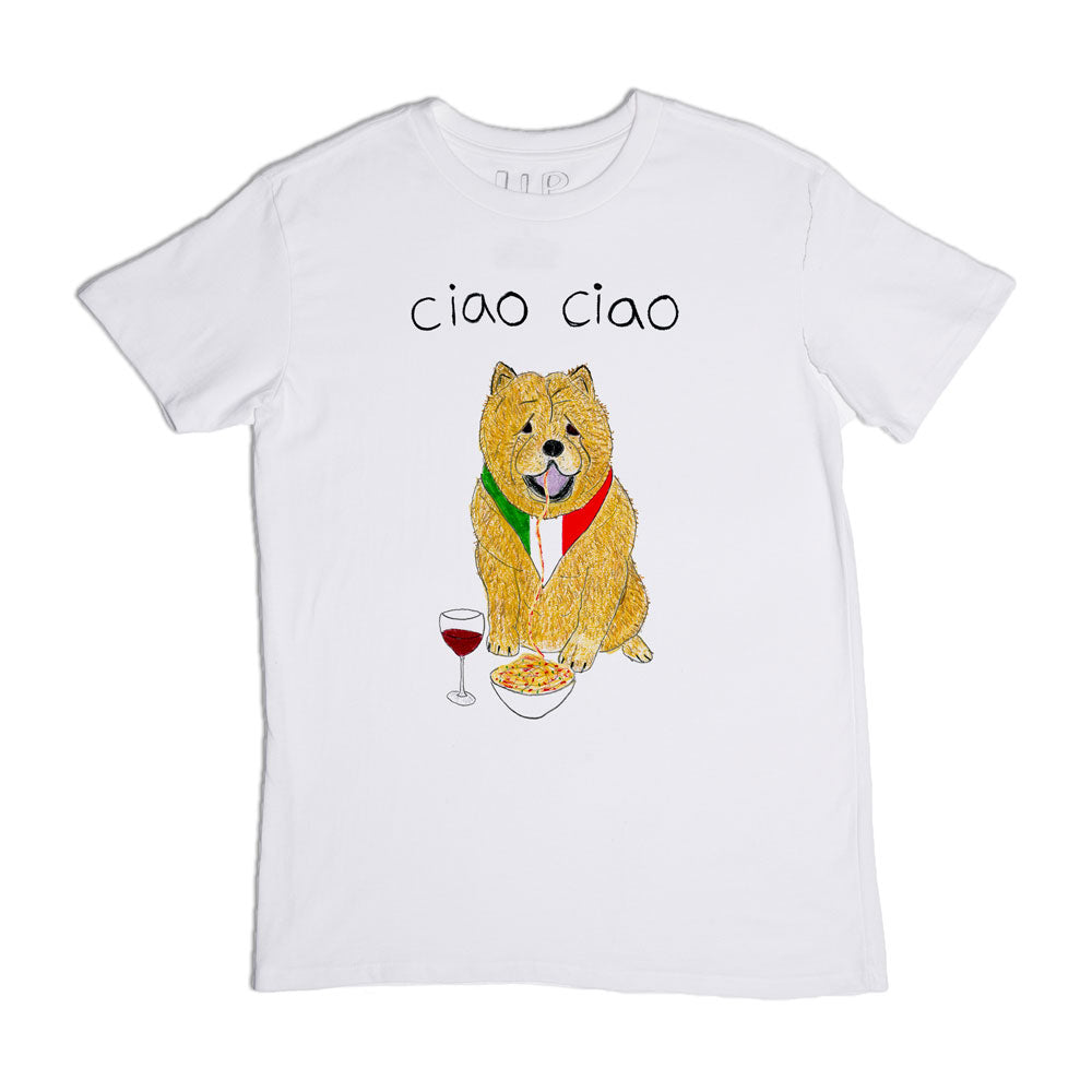 A white t-shirt featuring a graphic of a dog wearing an italian flag scarf, holding a wine glass and a bowl of spaghetti, with the phrase "ciao ciao" above it.