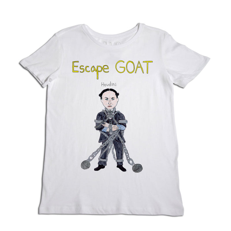 White T-shirt with an illustration of a man in chains labeled "Houdini" and the text "Escape GOAT" above him.