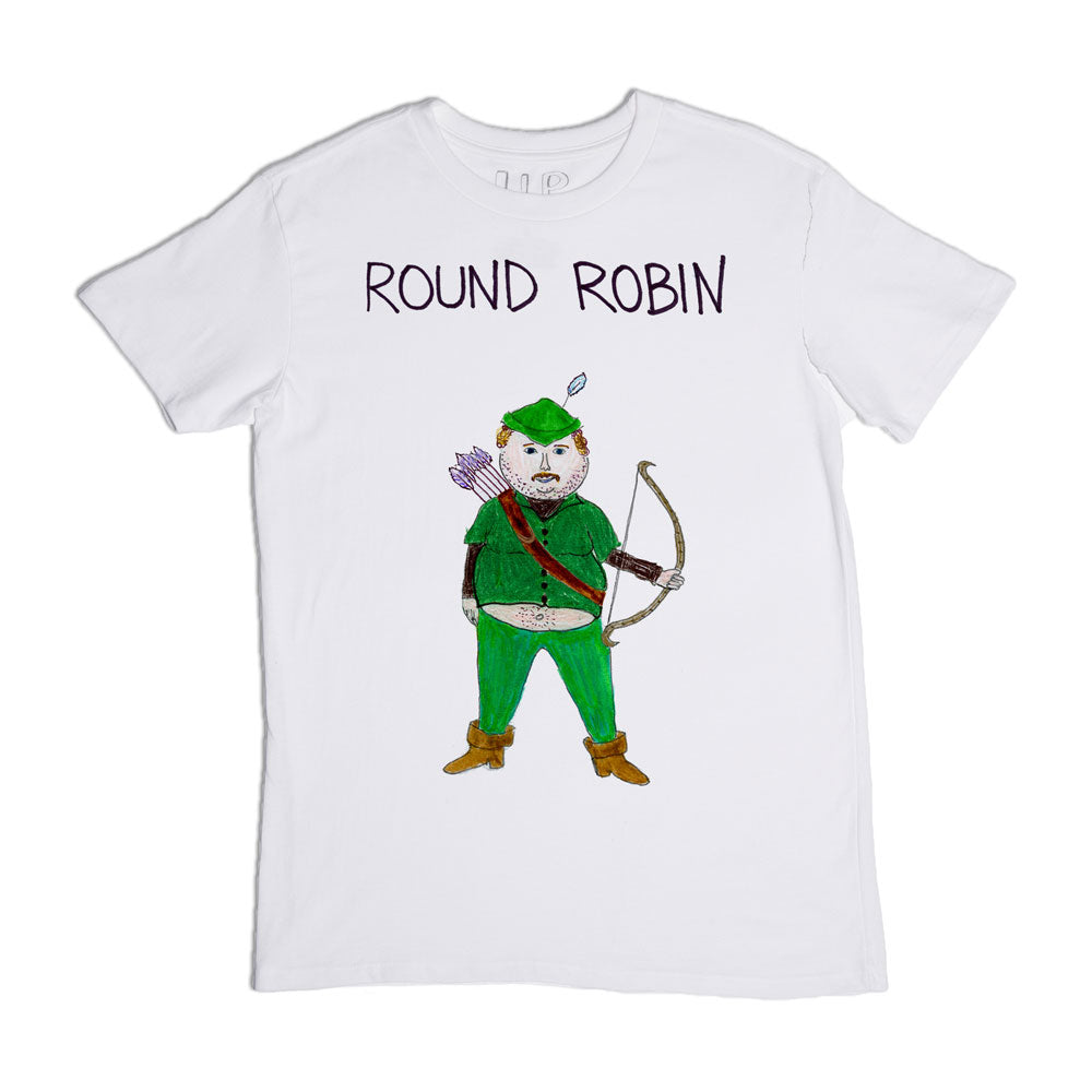 A white t-shirt featuring an illustration of a robin in green medieval archer attire, labeled "round robin" at the top.