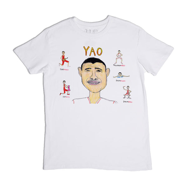 White t-shirt with a graphic design featuring a large caricature of yao ming's face centered among smaller basketball player illustrations labeled with their team names and playing positions.