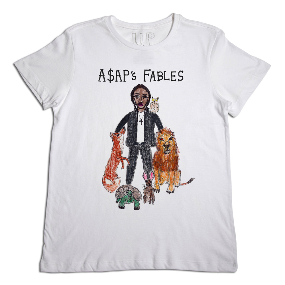 A white t-shirt with a graphic design featuring a stylish figure in sunglasses and a suit, surrounded by four animals: a fox, a lion, a rabbit, and a turtle, under the text "a$ap's fables.
