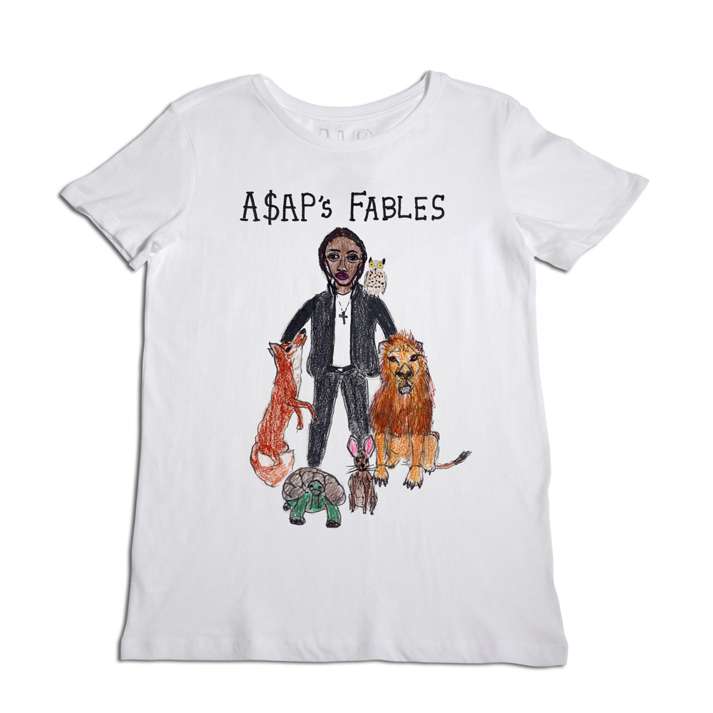White t-shirt featuring a graphic of a man in a suit surrounded by four animals, labeled "a$ap's fables" at the top. the artwork is detailed and colorful.