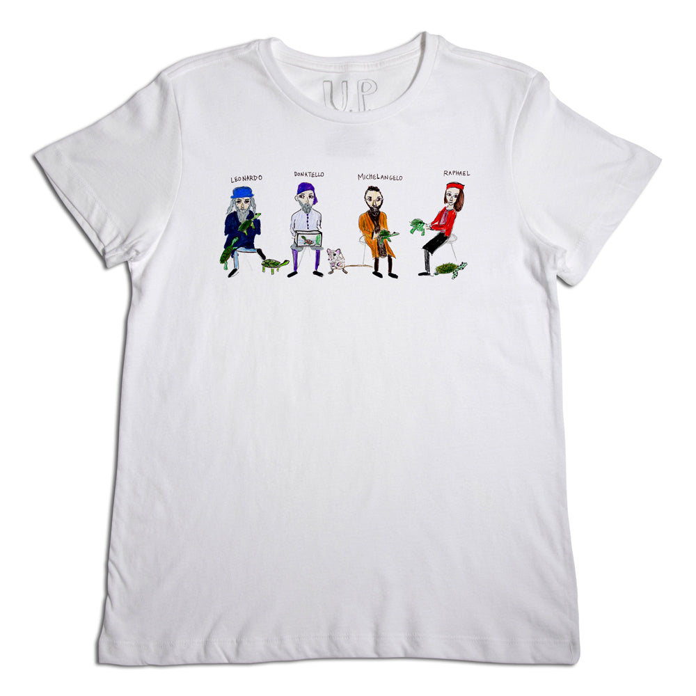 White t-shirt with cartoon illustrations of four famous painters styled as superheroes, each holding a paintbrush, on a plain background.