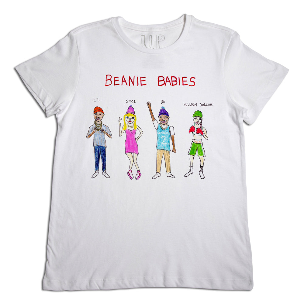 A white t-shirt with a graphic of four cartoon children labeled "beanie babies", each with unique outfits and names like "ll", "spike", "da", and "million dollar".